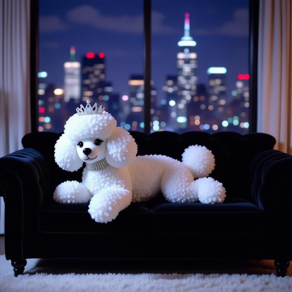 Glamorous Poodle Sculpture on Black Sofa in VHS Style