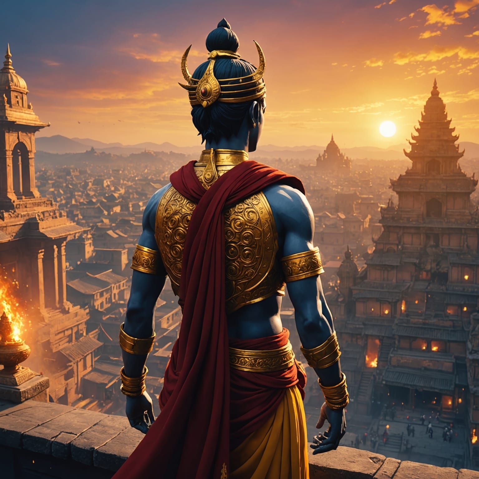 Lord Krishna Anime Back View in Mystical City