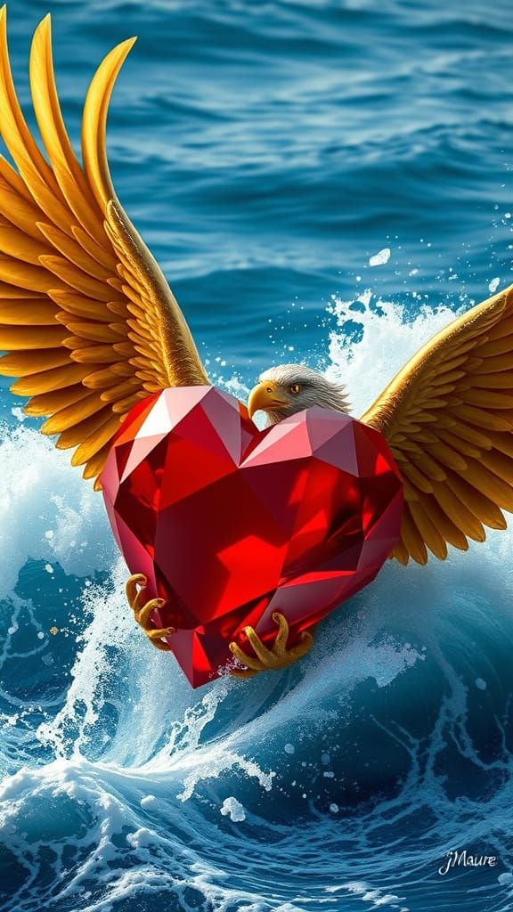 Golden Eagle Gripping Red Glass Heart Amidst Turbulent Ocean...