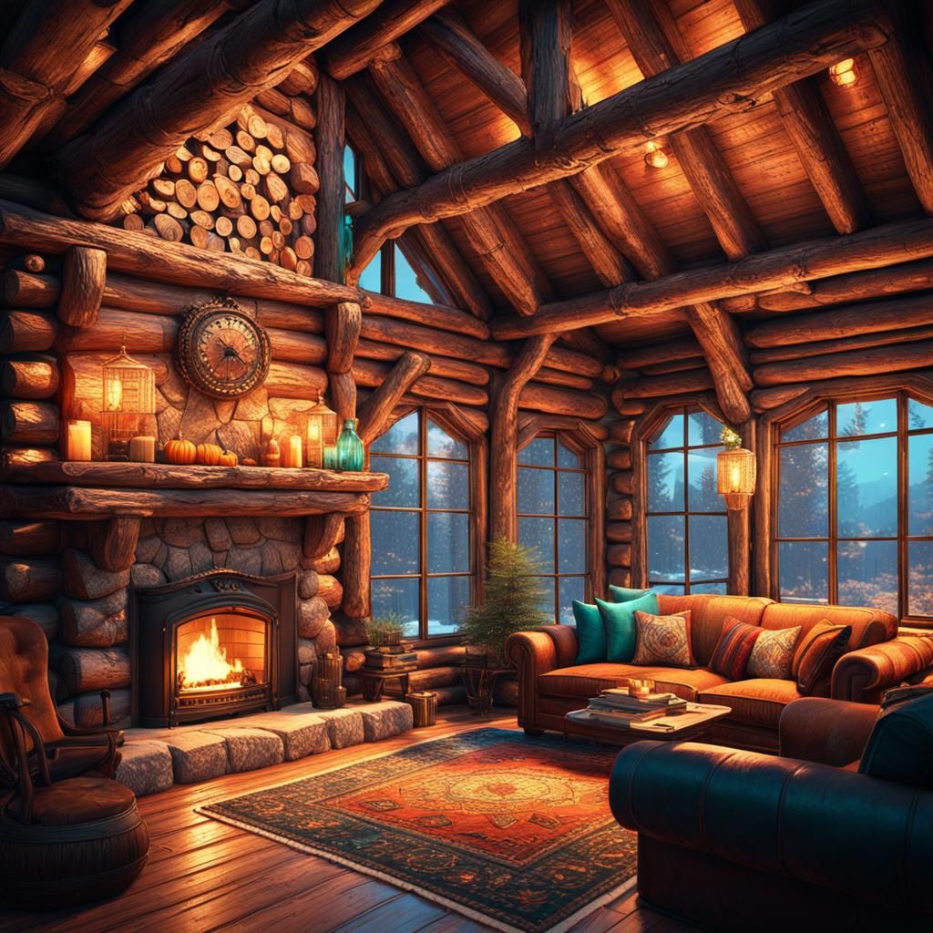 Rustic Log Cabin with Fireplace, Hyperdetailed Concept Art