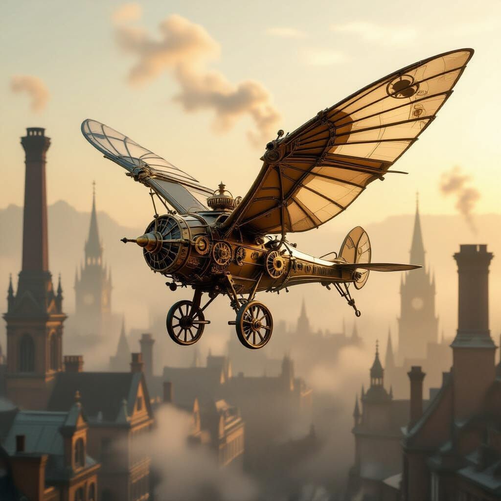 Steampunk Ornithopter Soaring Over Victorian London