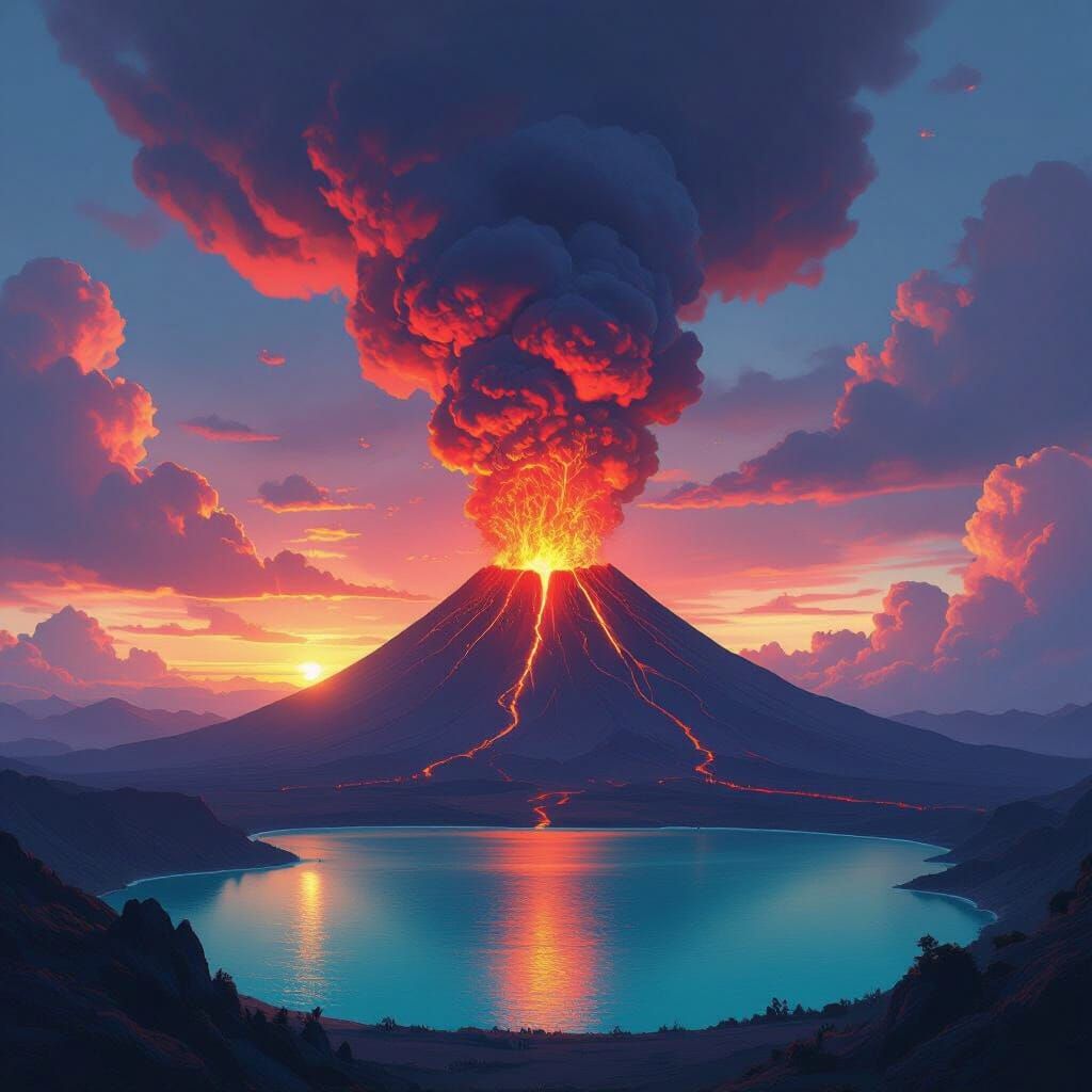 Volcanic Eruption at Sunset in Cinematic 8K Style