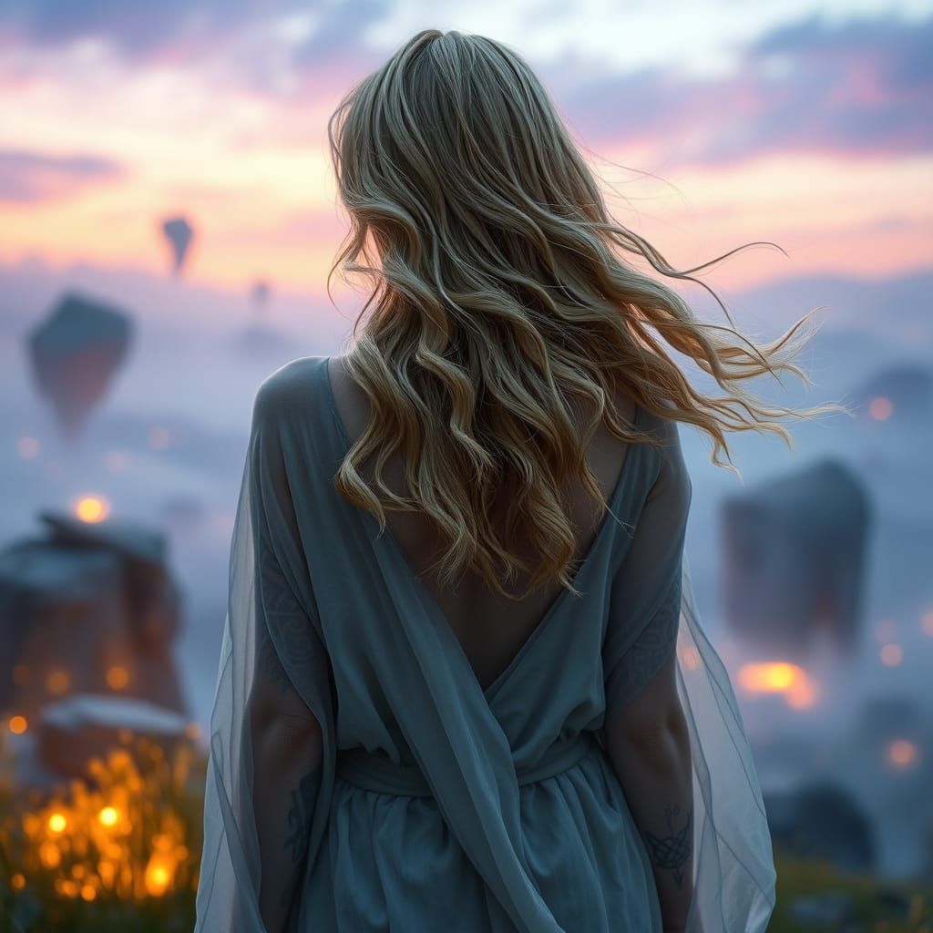 Blonde Woman in Dreamlike Landscape with Celtic Runes