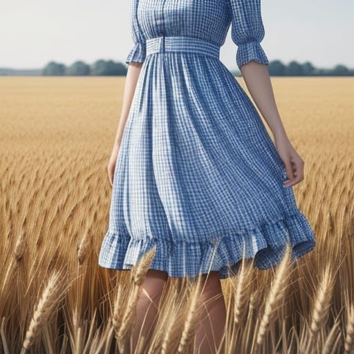 Woman in Gingham Dress Amidst Sunlit Wheat Field