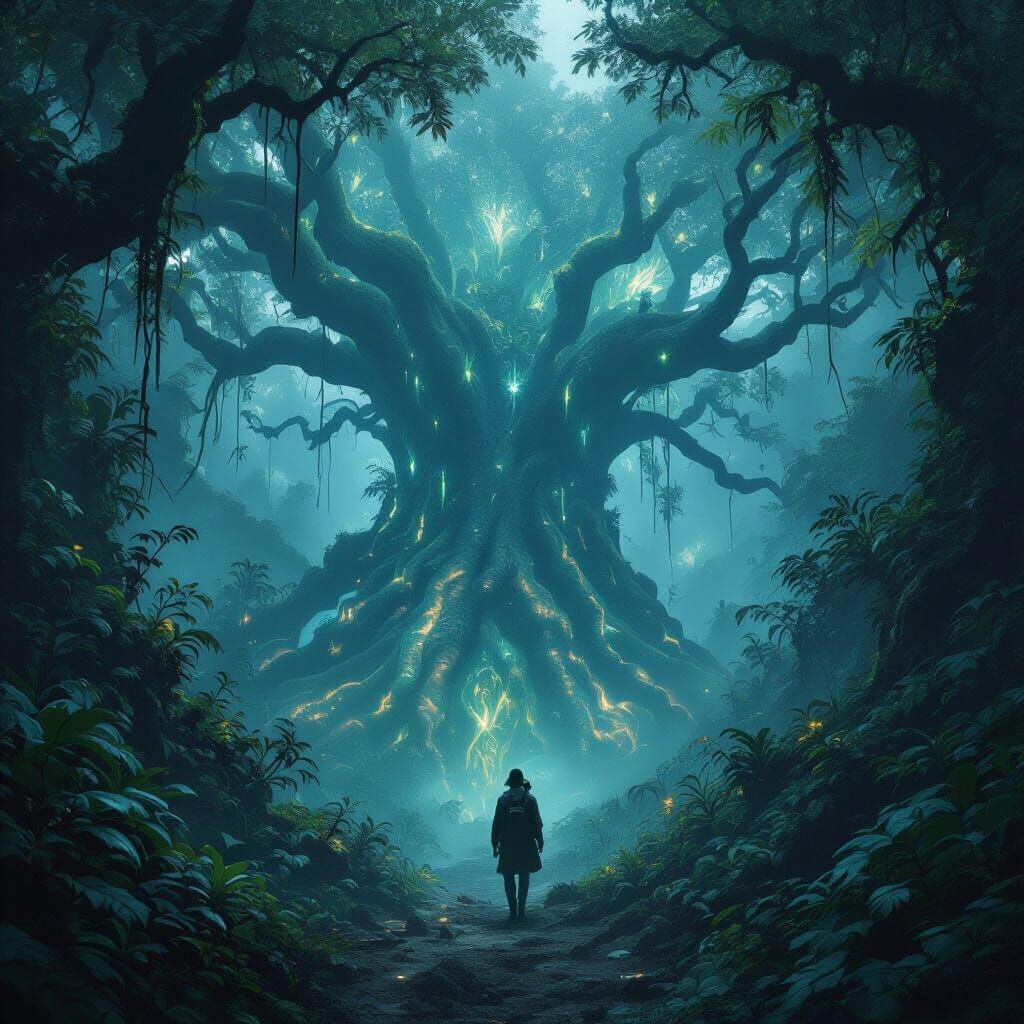 Explorer in Bioluminescent Fantasy Jungle