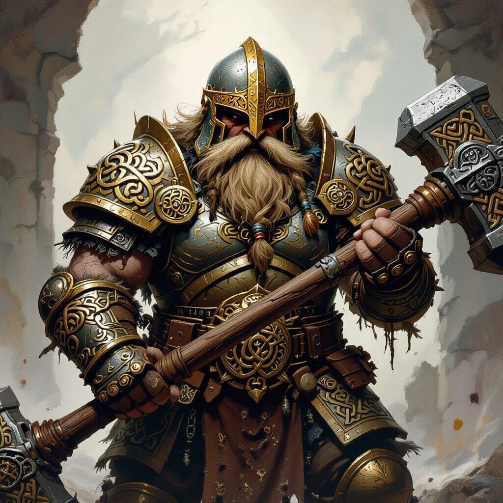 Fantasy Dwarf Warrior with Warhammer in Dramatic Lighting