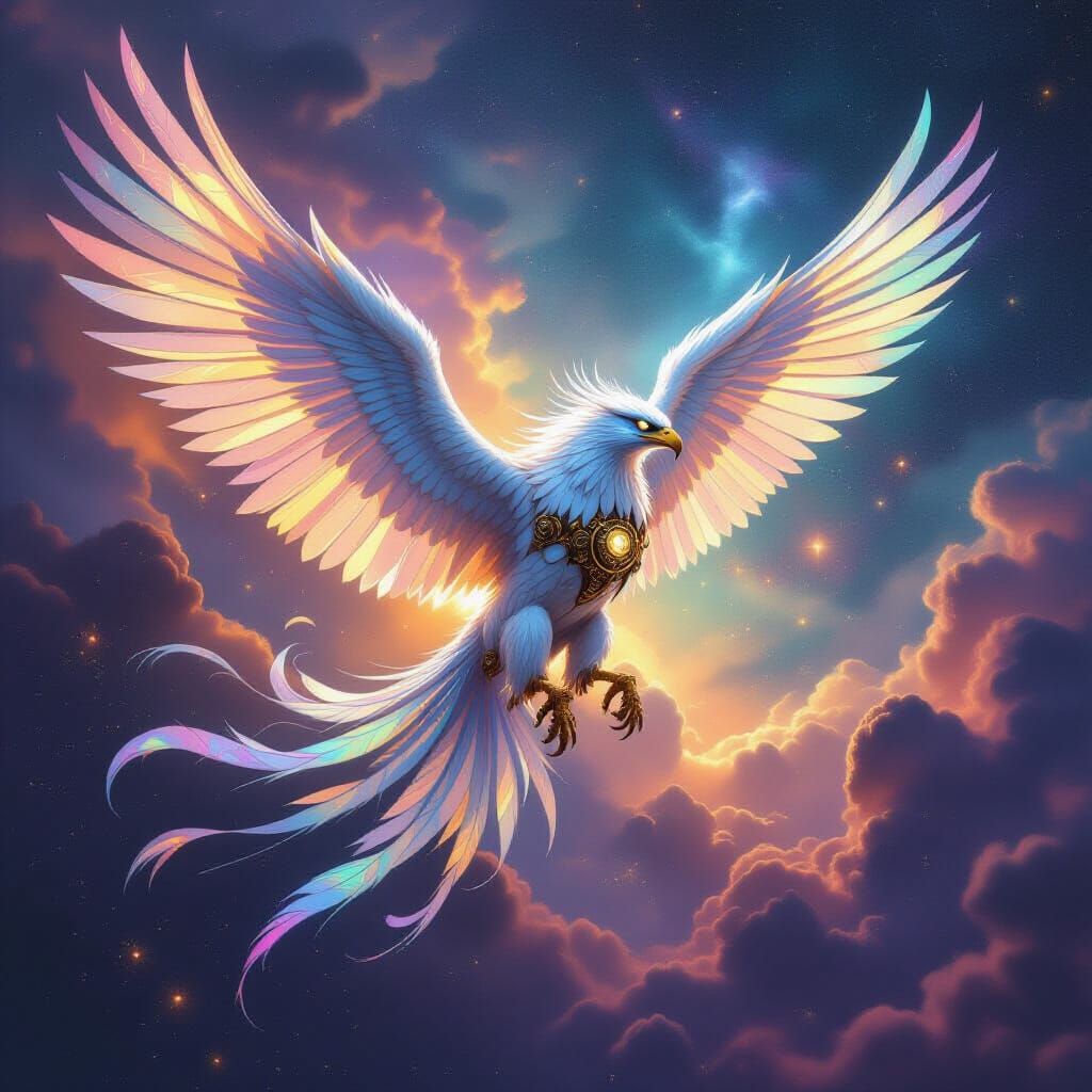 Steampunk Griffin Soaring Through Nebula Sky