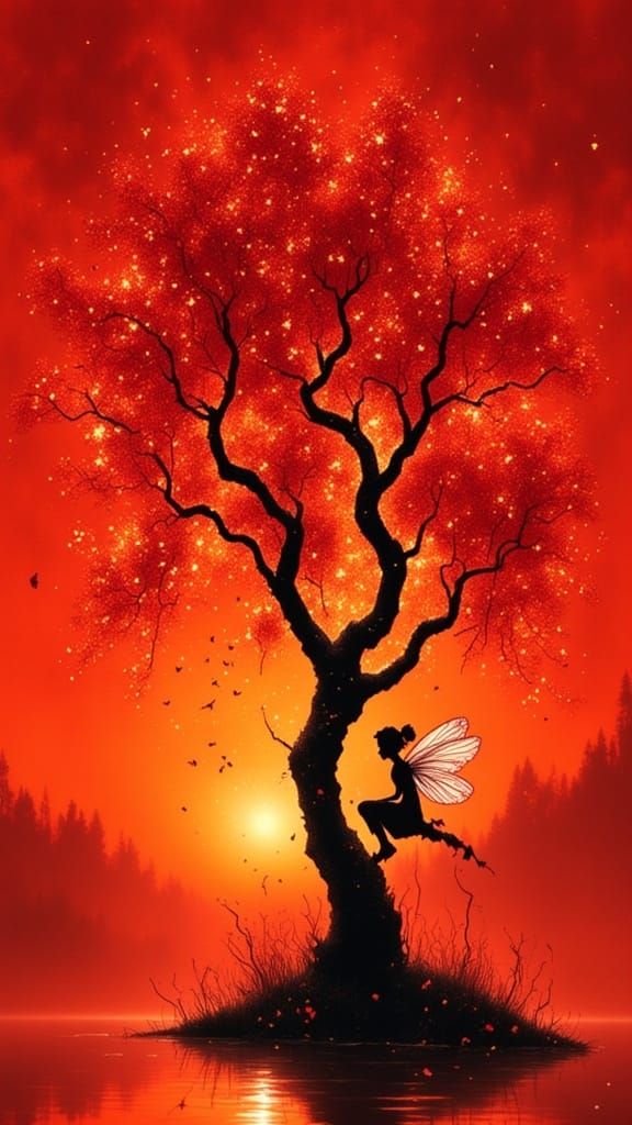 <lora:GRAFFITI DOOM:1.0> <lora:Exquisite Flux:1.0> On a crimson background using Chinese ink is a thorn tree in front of...