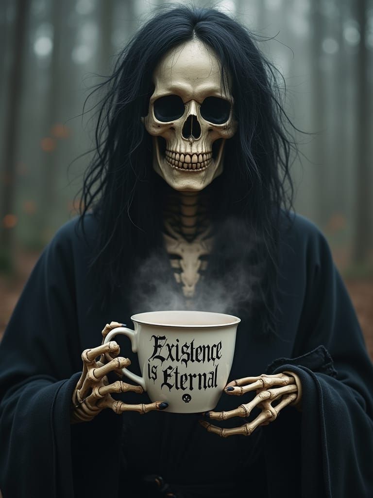 A stylized, spooky skeleton with long, wild hair holding a steaming coffee cup. The skeleton has large, hollow black eye...