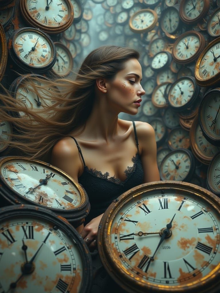 Surreal Battle: Women Amidst Melting Clocks
