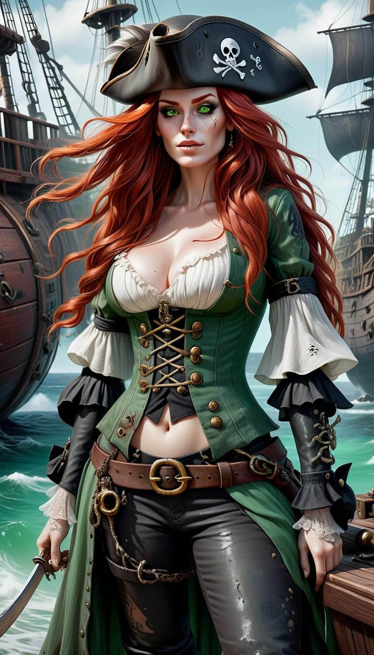 Redhead Pirate Girl Portrait with Tentacle Art