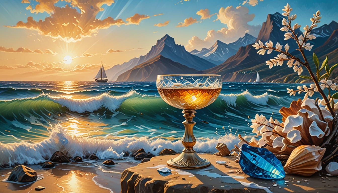 Crystal Chalice Fountain by the Sea, Post-Impressionist Styl...
