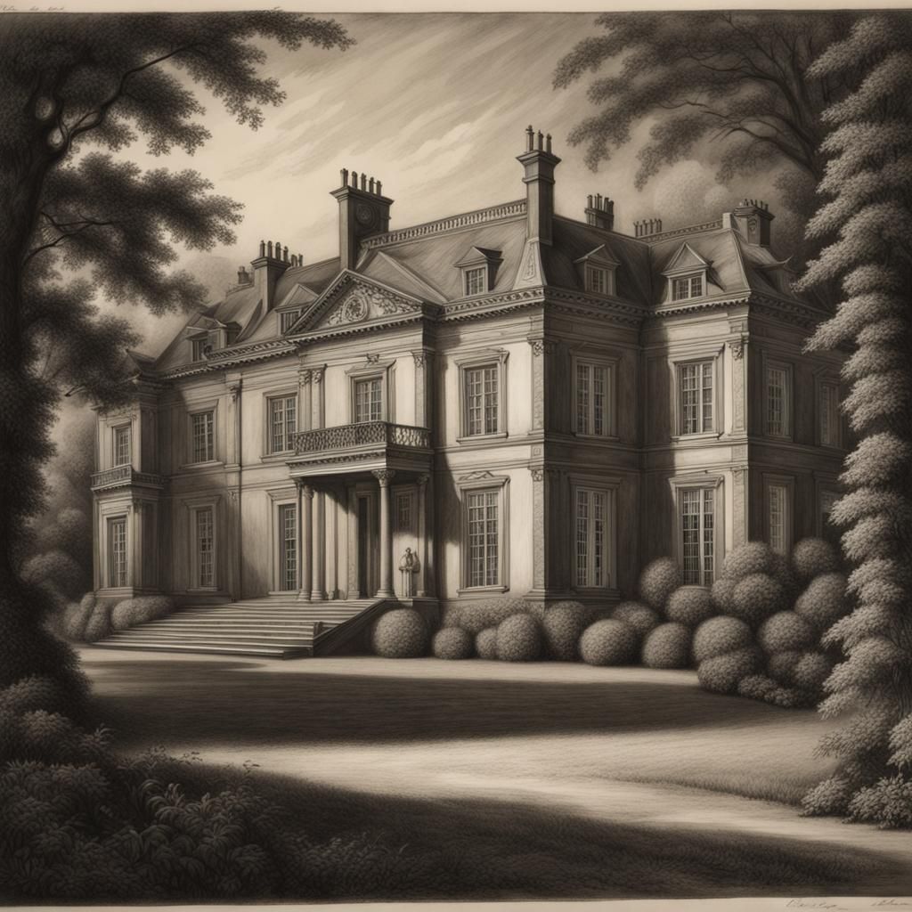 Detailed Mezzotint of a Large Country Mansion