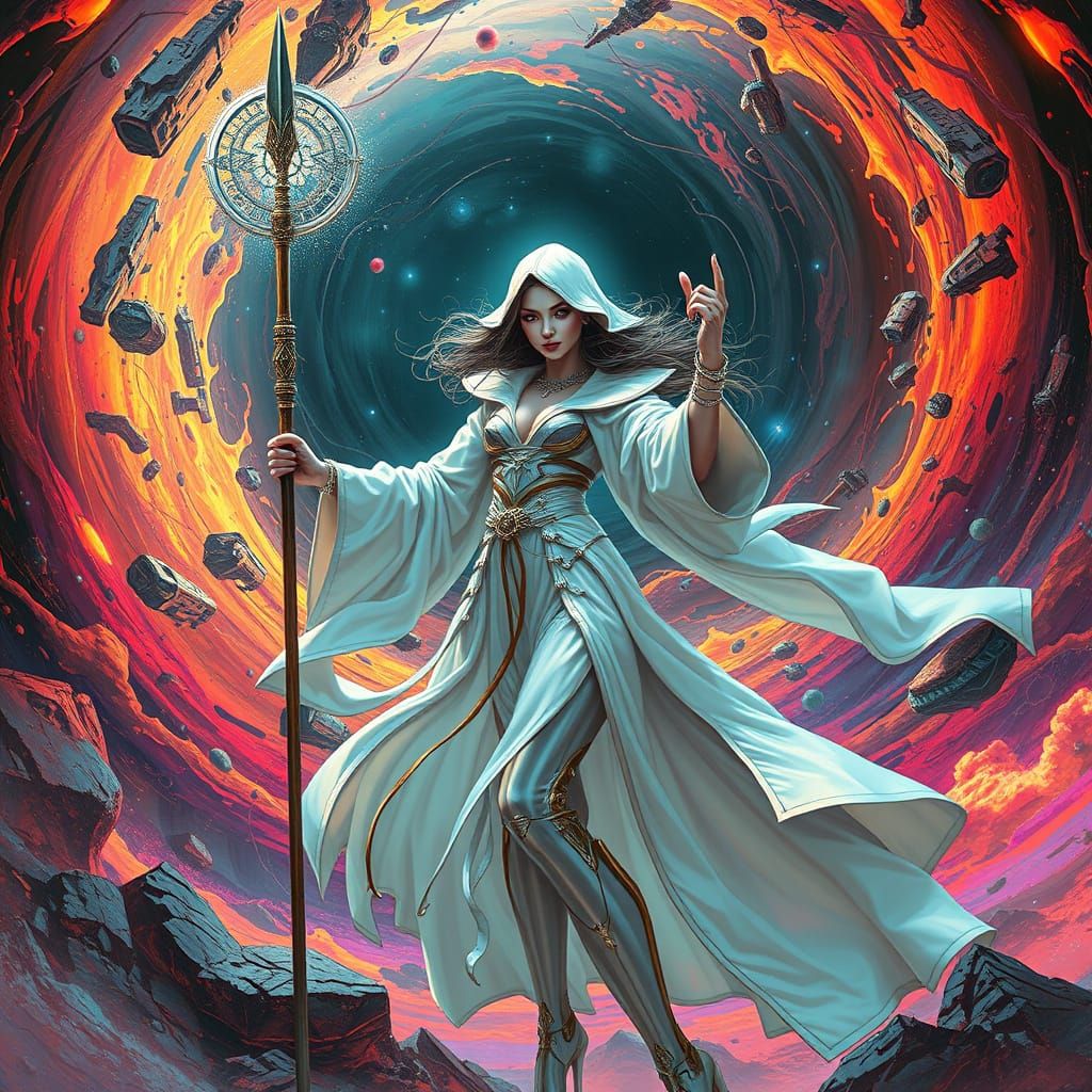 Futuristic Woman with Elemental Staff in Sci-Fi Style