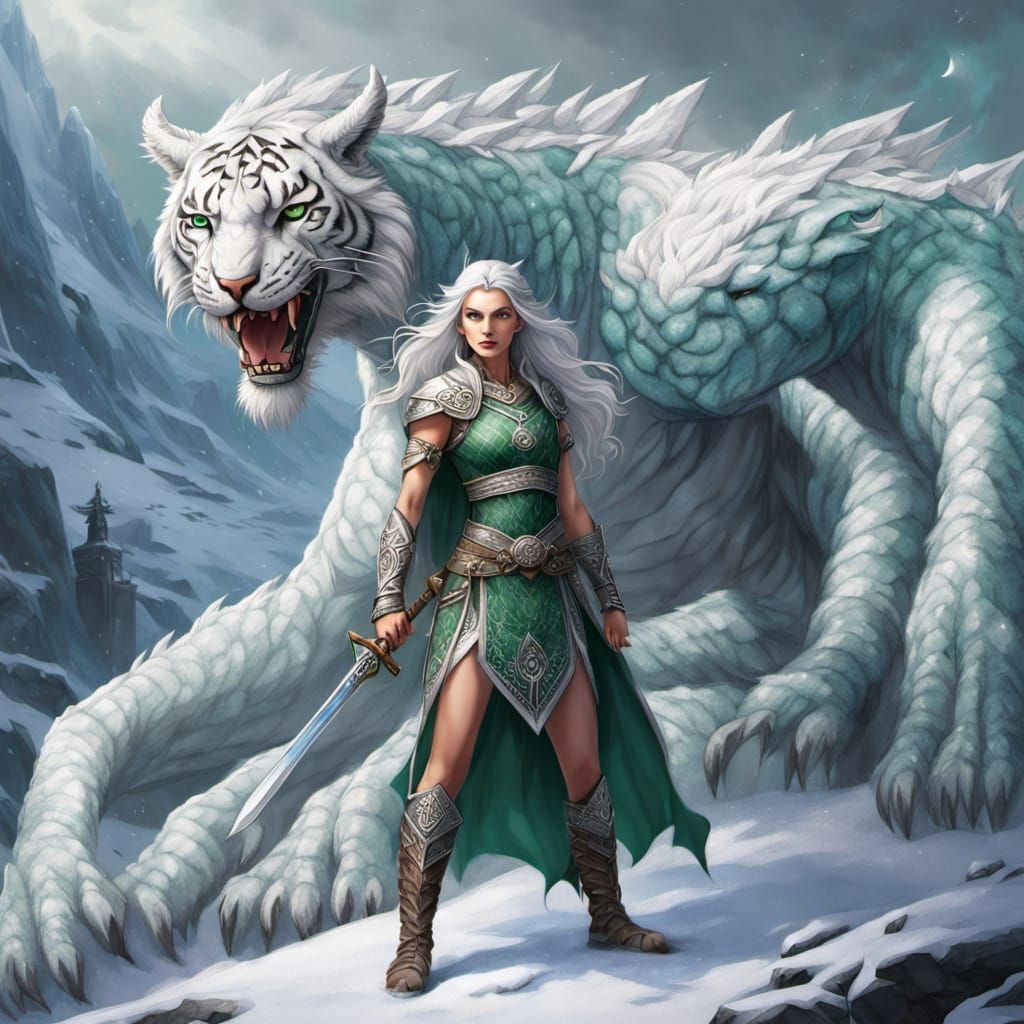 Warrior Princess and Tiger-Dragon in Snowy Landscape