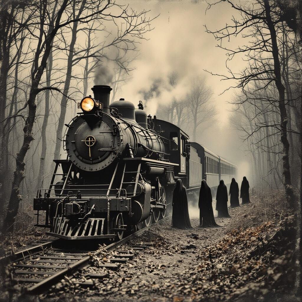 Abandoned Train in Moonlit Forest, Wet-Plate Photo Style