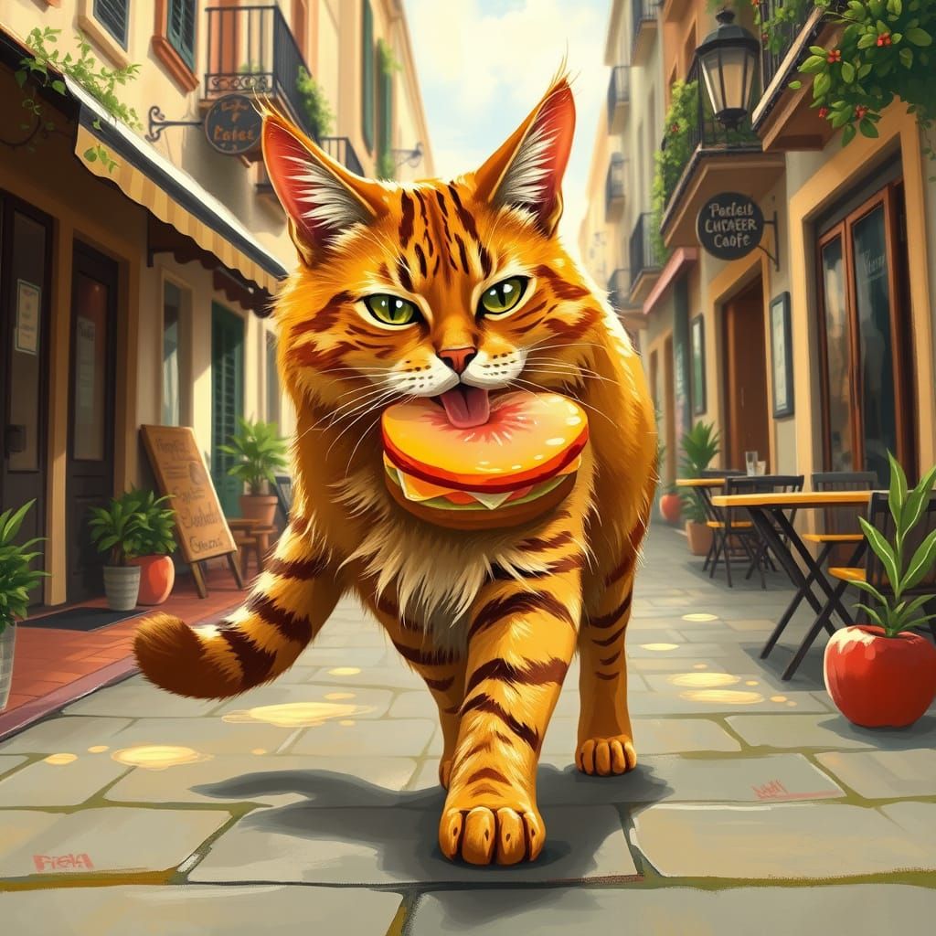 Majestic Wild Cat Strolls Morning Street with Peach Sandwich