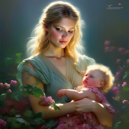 Blonde Woman and Baby Portrait in Hyperrealistic Style