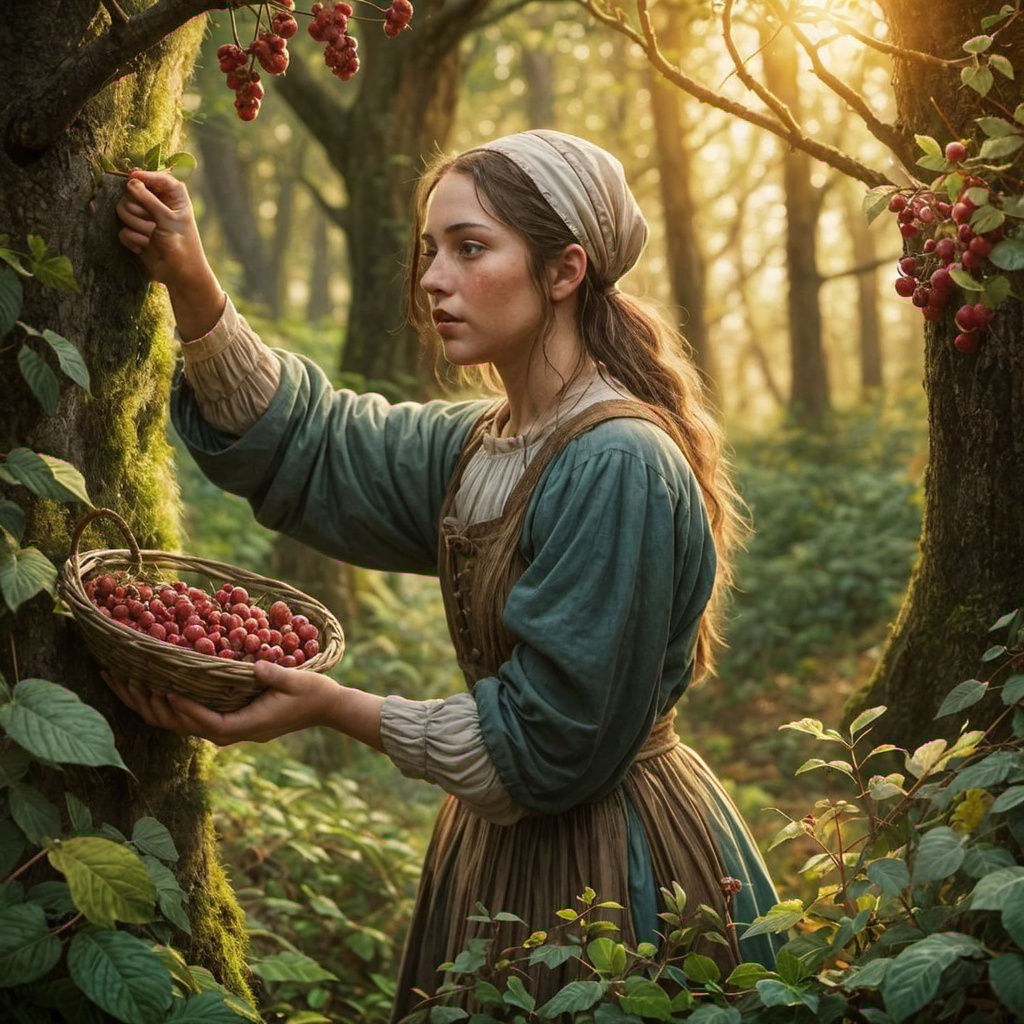 Peasant Girl Picking Berries in Medieval Forest