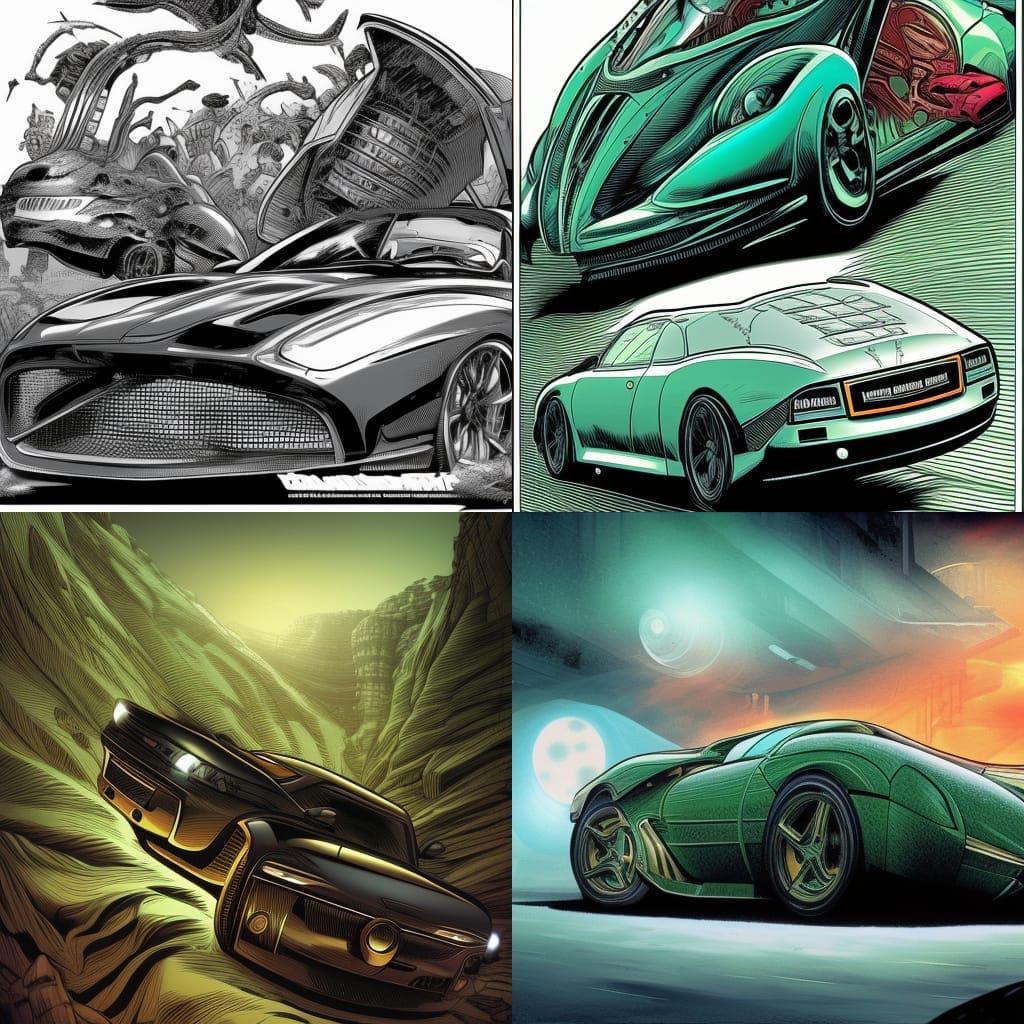 Futuristic Car and Dinosaurs in Comic Book Style