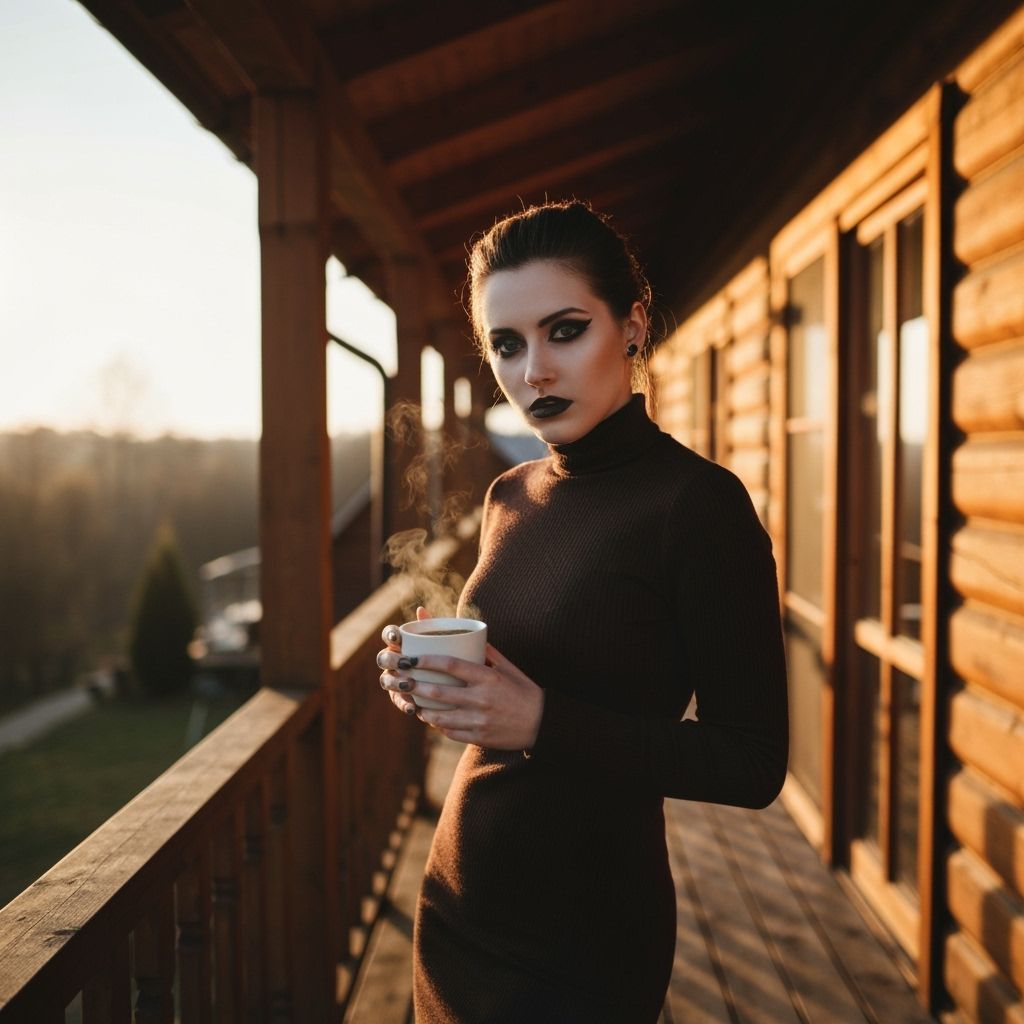 Emo Brunette with Coffee on Cabin Porch