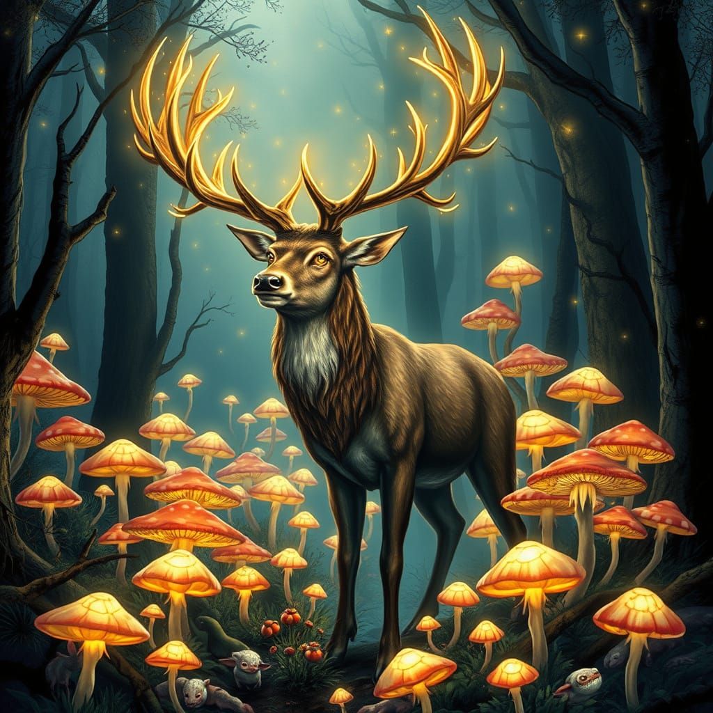 Luminous Stag in Enchanted Forest, Detailed Fantasy Art