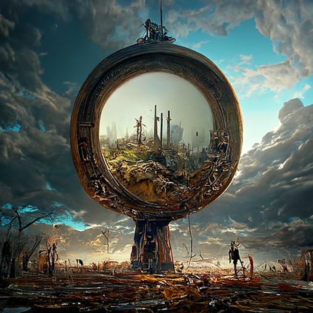Sinister Mirror over Post-Apocalyptic Landscape