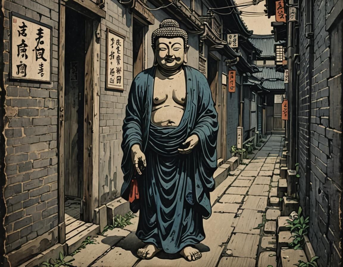 Buddha in Alleyway: Pulp Art Woodblock Print