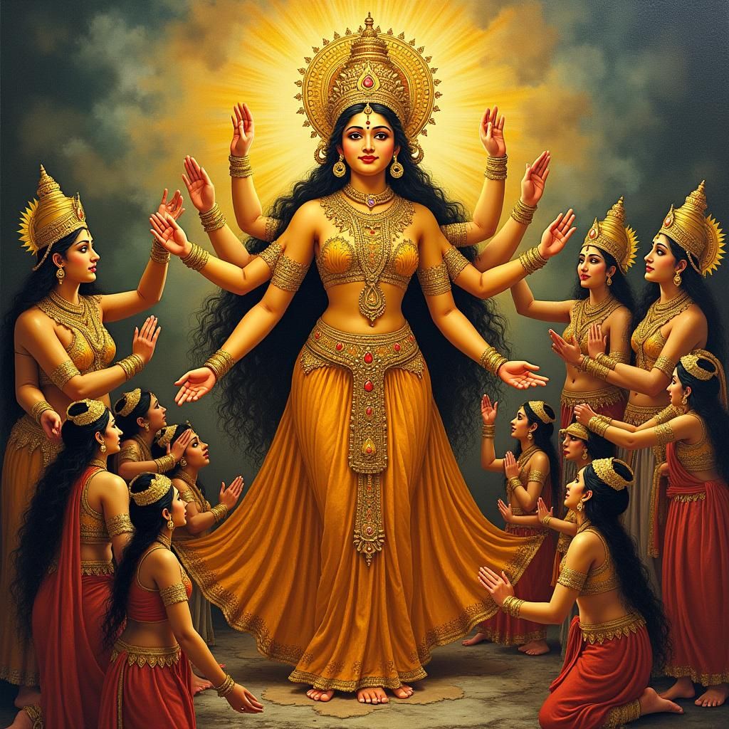 Hindu Deities Pay Homage to Golden Goddess Durga