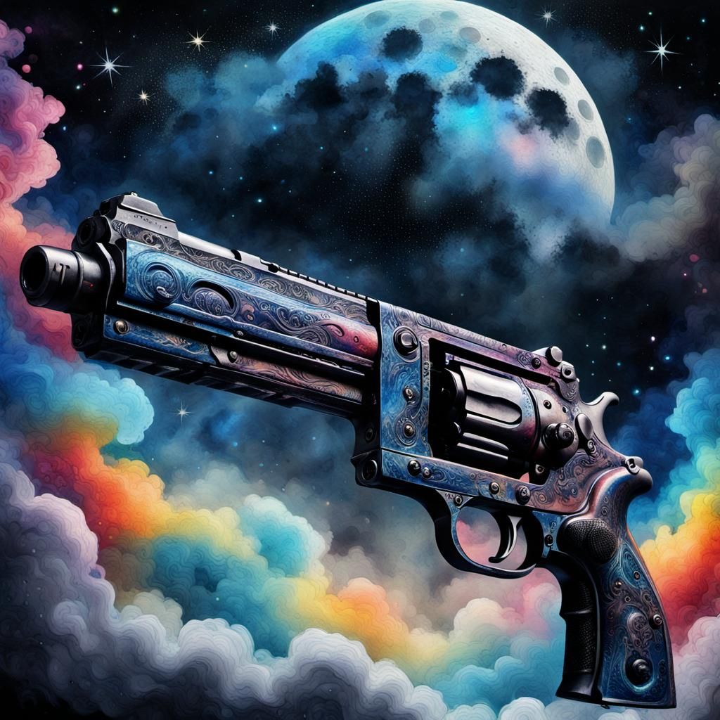 Cosmic Horror Gun with Rainbow Shadow as Impasto Painting