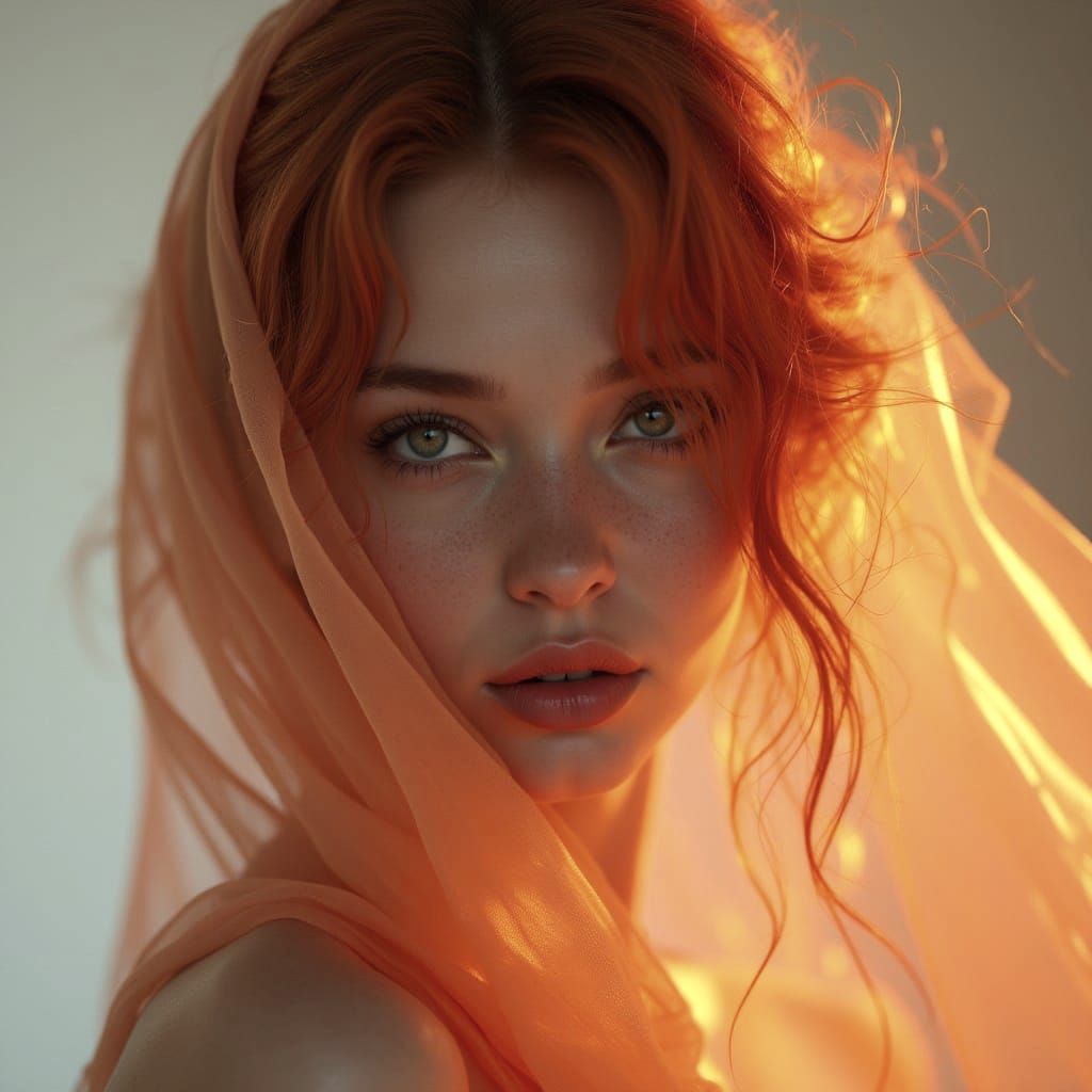 Gossamer Veil Enshrouds a Stunning Red-Haired Beauty in Soft...