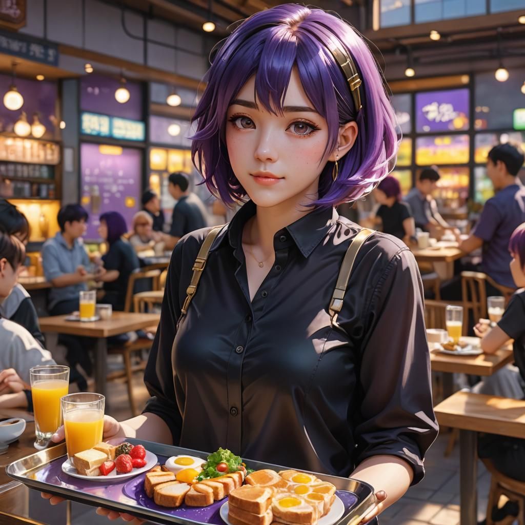 Anime Woman with Purple Hair Holding Breakfast