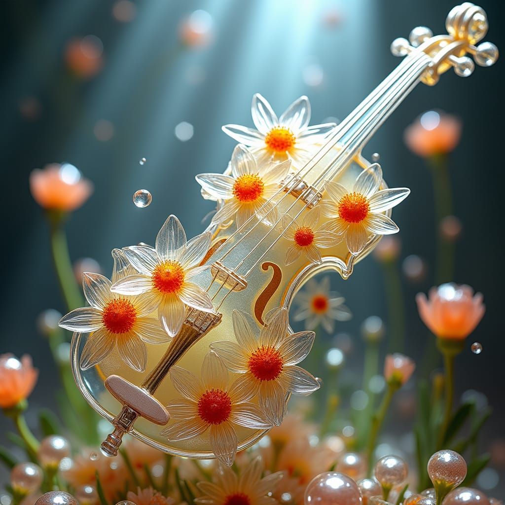 Glass Violin with Daisies in Surreal Style