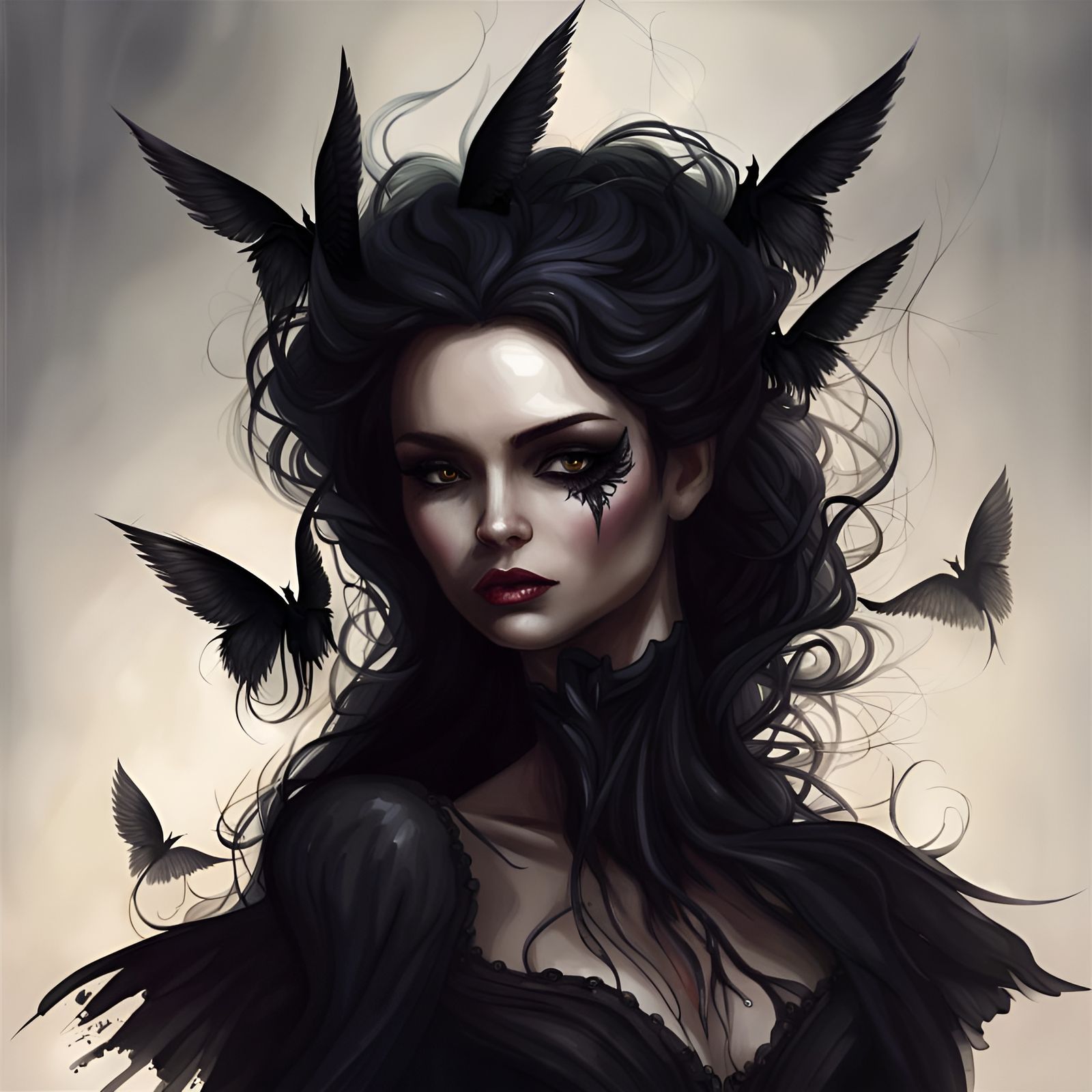 Elegant Dark Angel with Flowing Gown and Wings