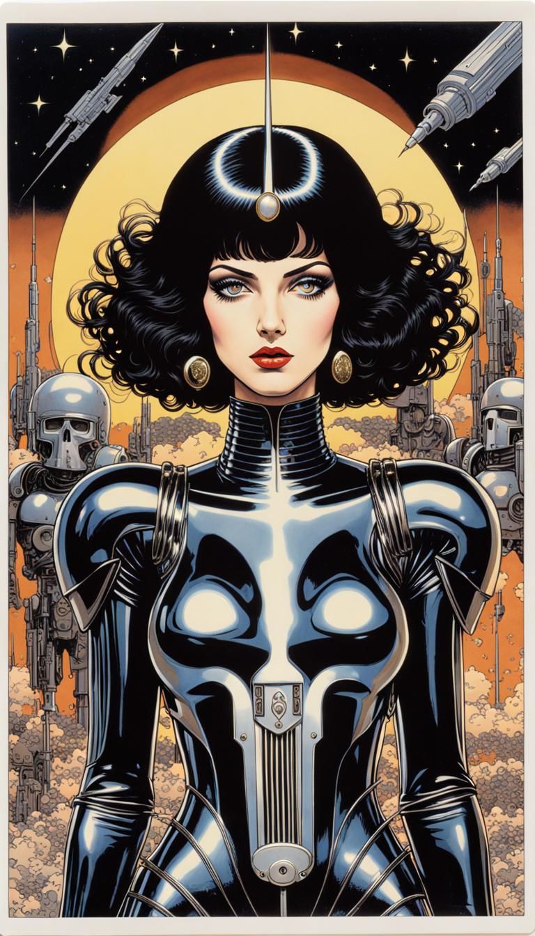 Armored Woman with Rifle in Robotic Battlefield