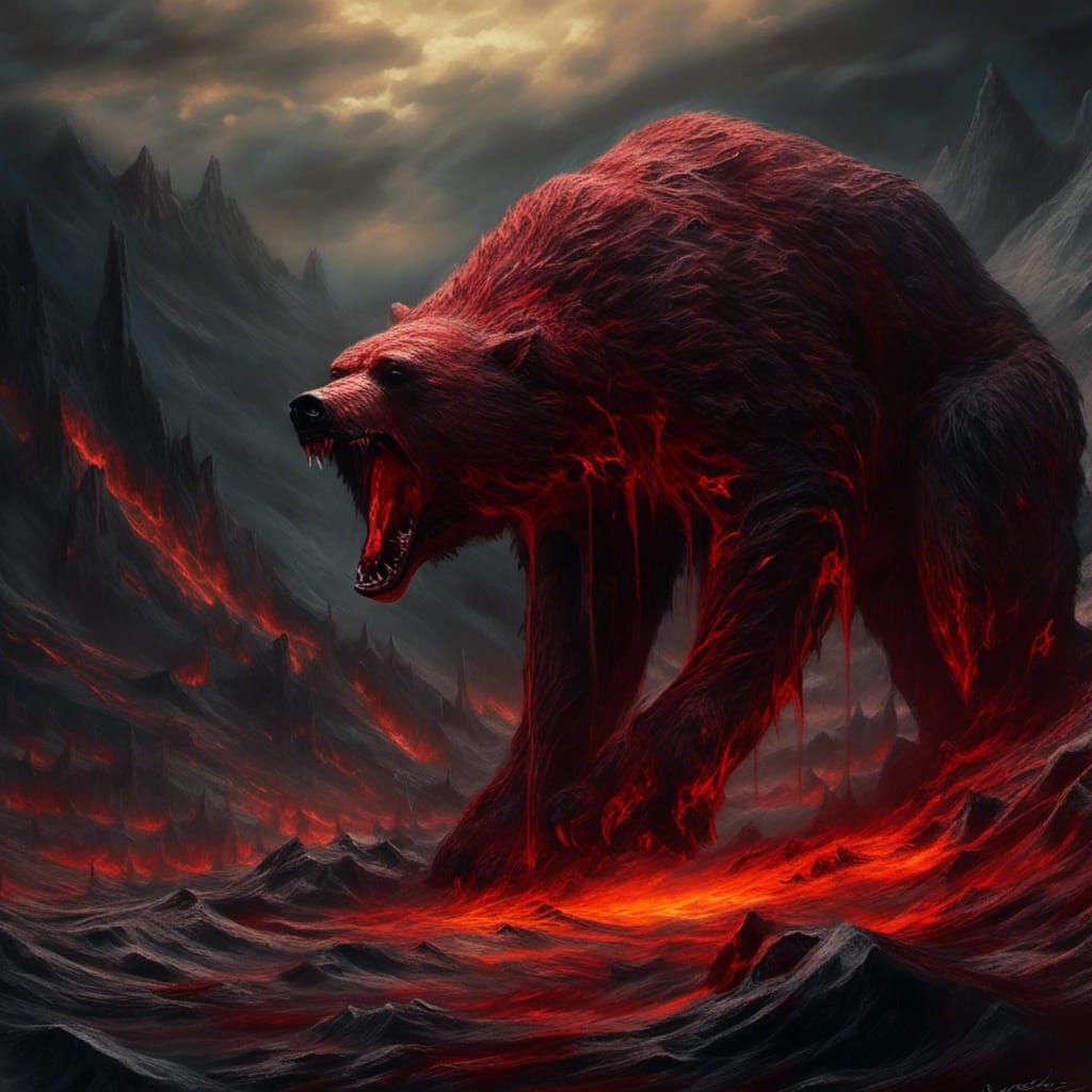 Demonic Lava Bear in Macabre Art Style