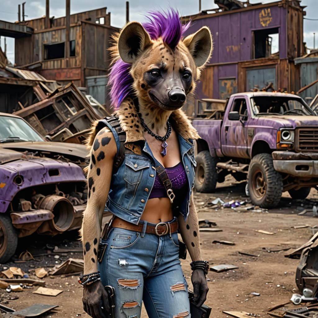 Flirty Hyena with Mohawk in Junkyard, 3D HDR