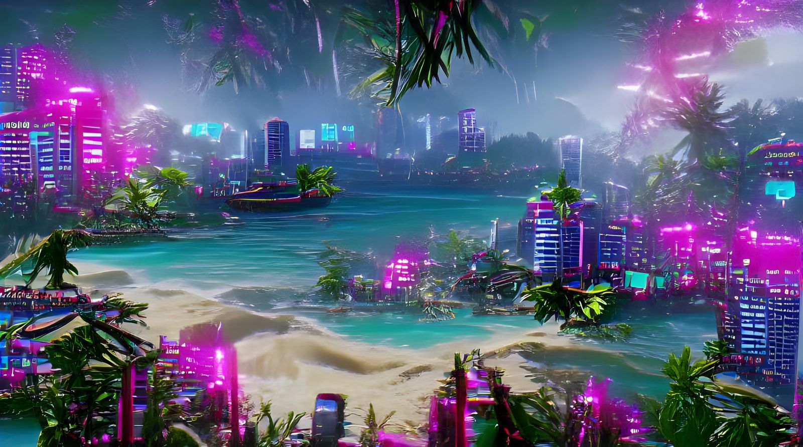 Cyberpunk Cityscape on a Tropical Beach