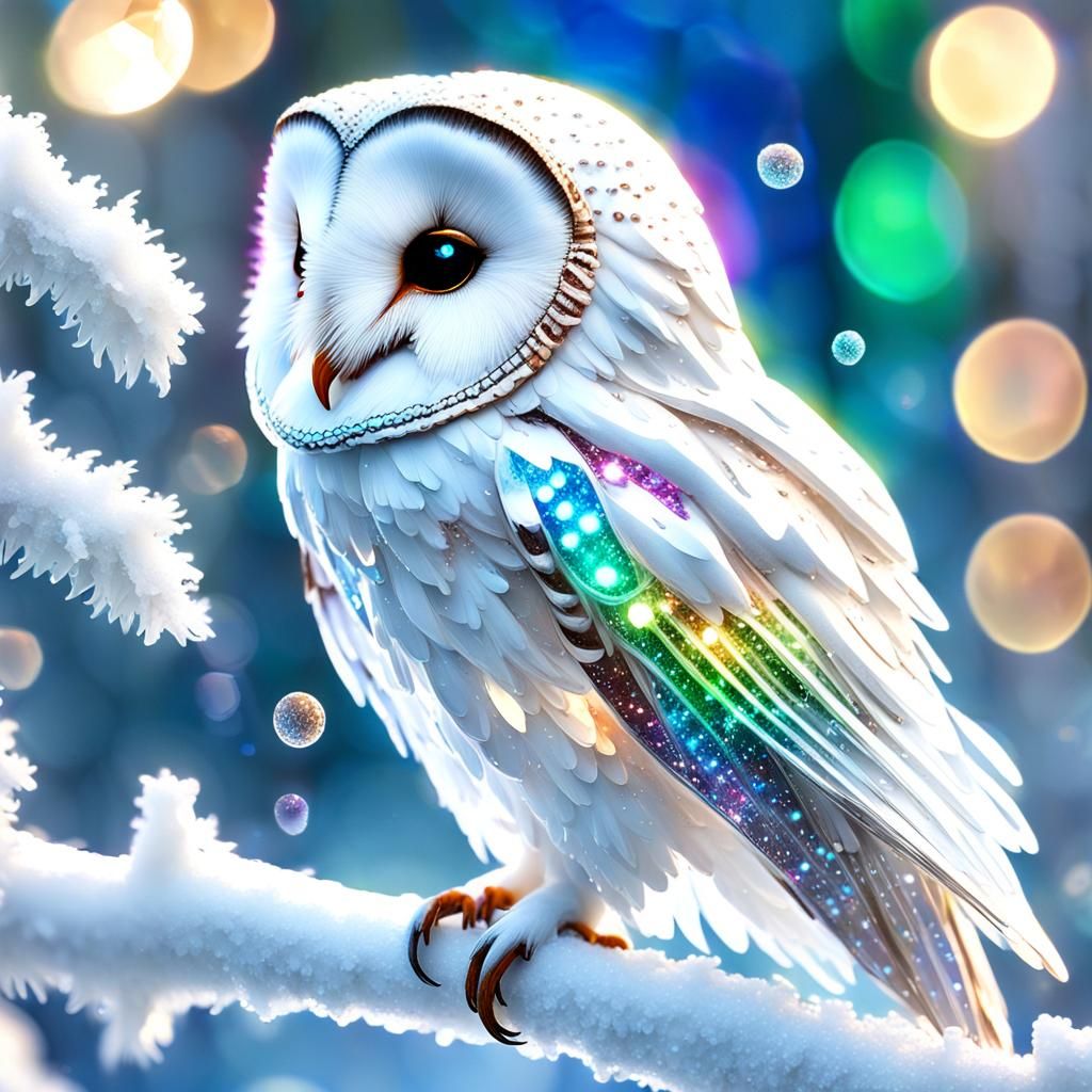 Crystal Ice Barn Owl with Bioluminescent Sparkles