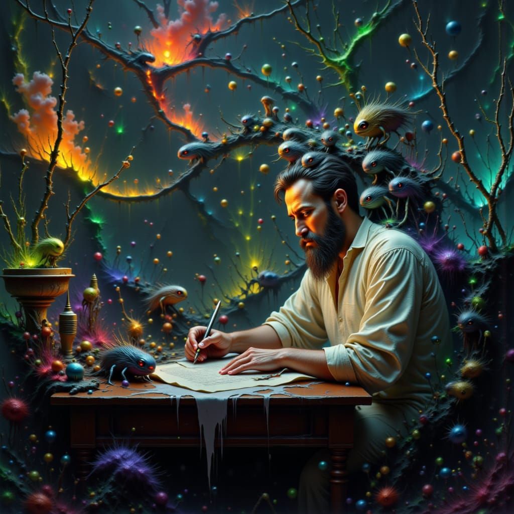 Miniature People Overrun a Desk, Detailed Matte Painting