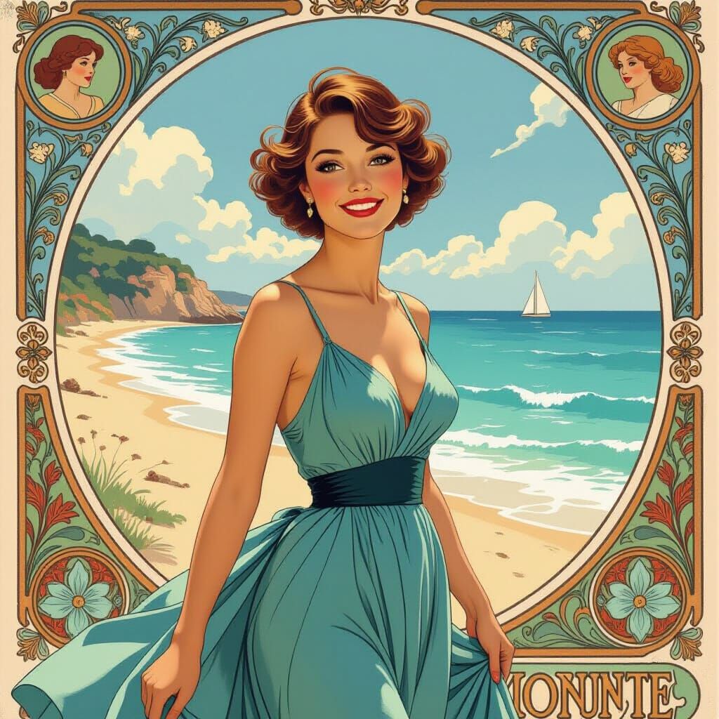 Elegant Woman on Beach, Hyperrealistic Art Nouveau Style