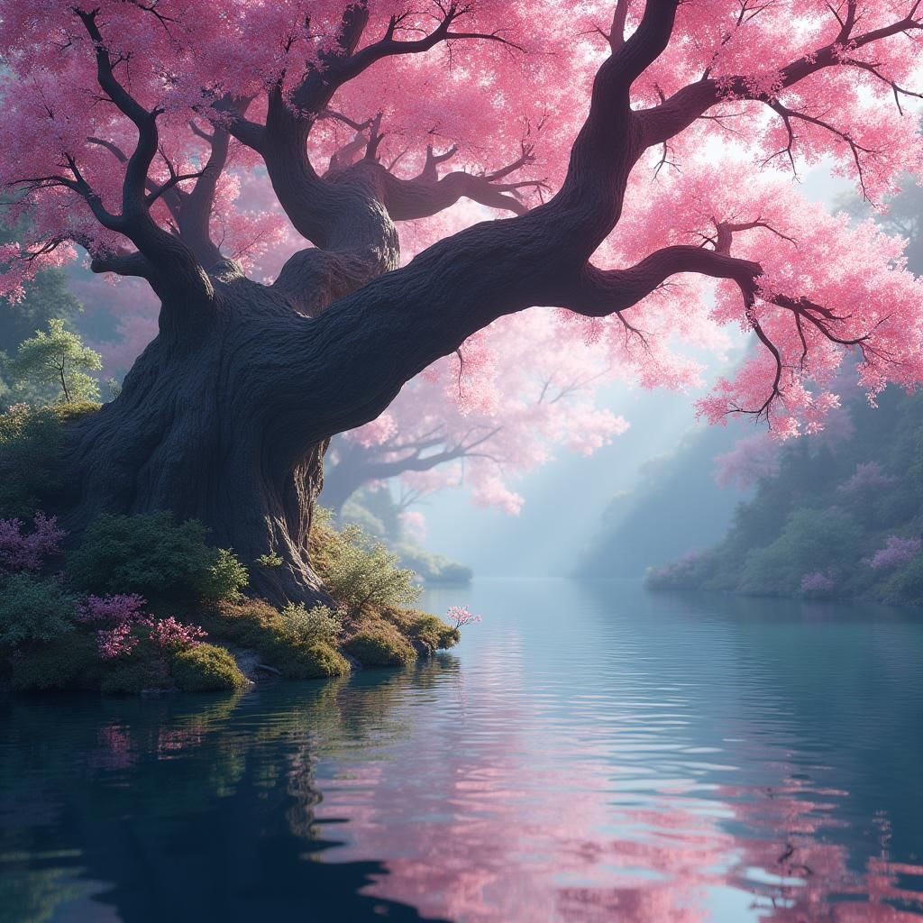 Sakura Tree Reflecting in Lake, Mystical Landscape