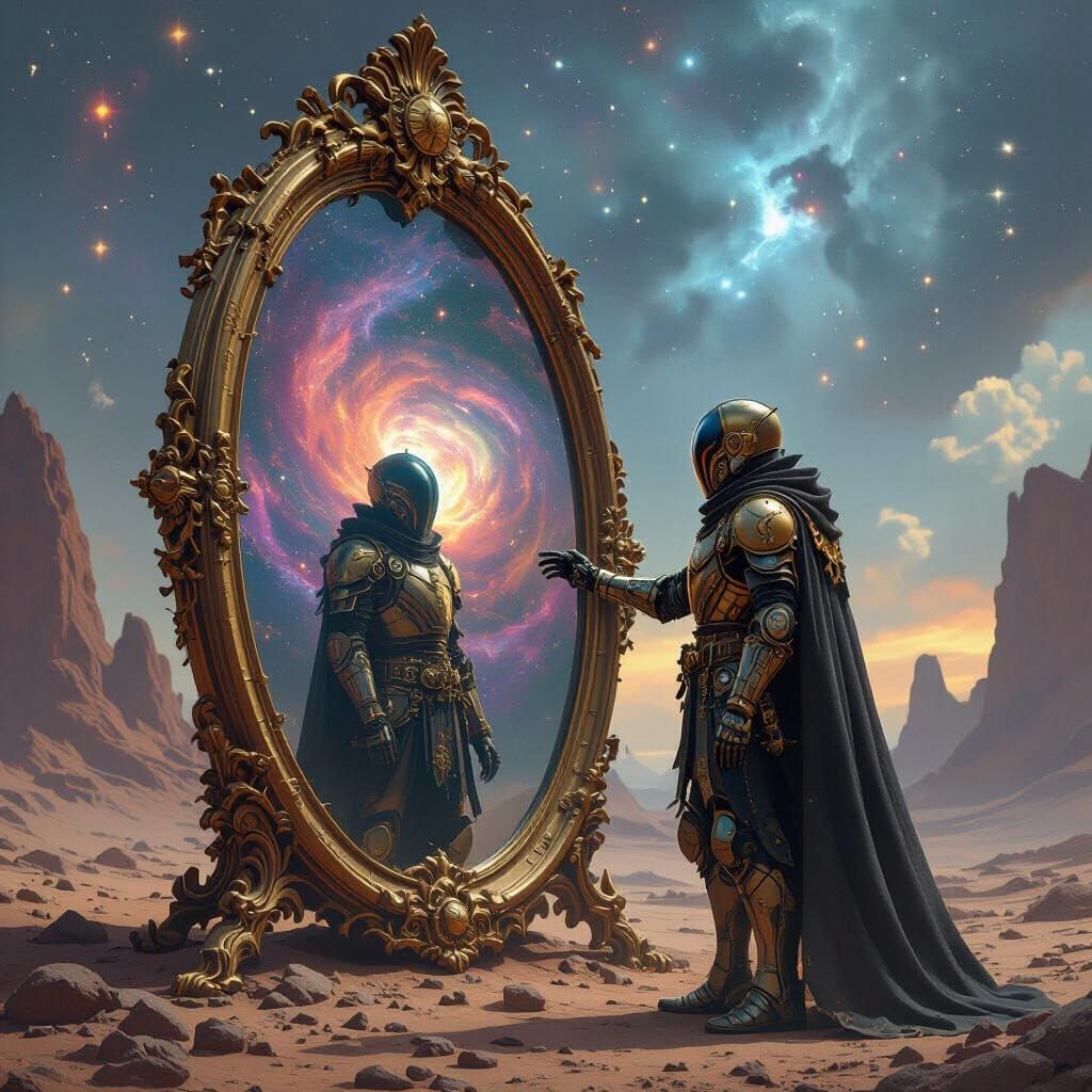 Steampunk Knight Gazes into Nebula Mirror