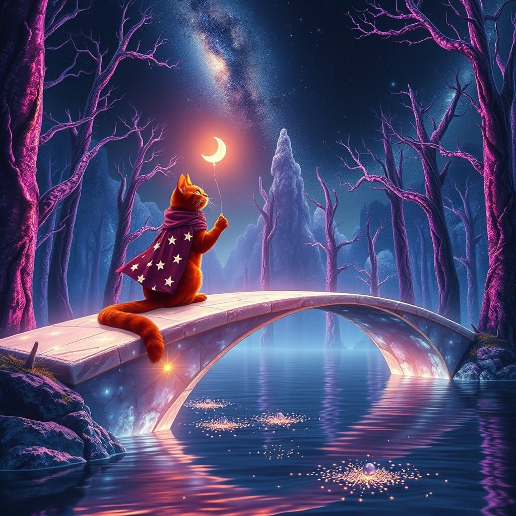 Surreal Fantasy Red Cat on Iridescent Bridge, Pursuing Stard...