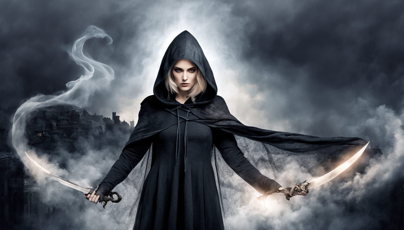 Ethereal Grim Reaper with Glowing Tears in Faded Vintage Aes...