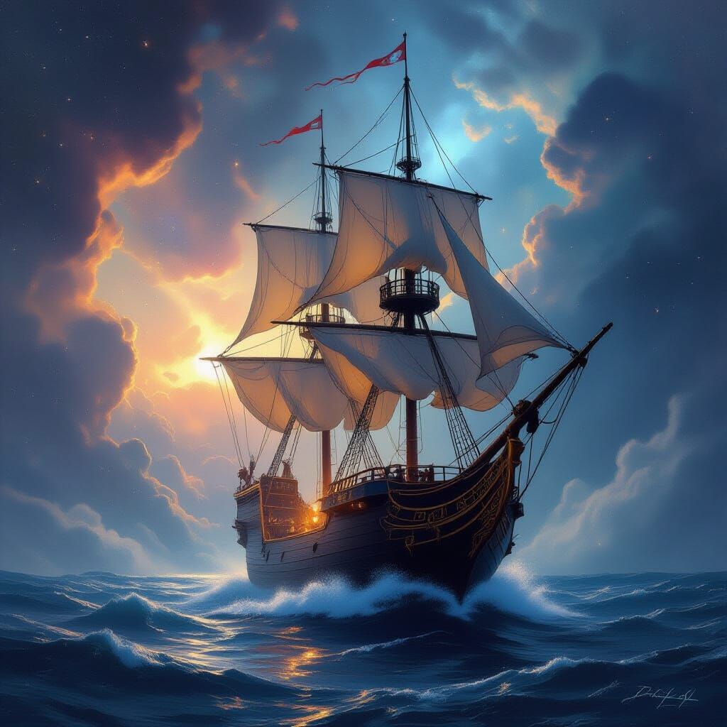 Majestic Galleon Navigates Cosmic Nebula in Vintage Space Op...