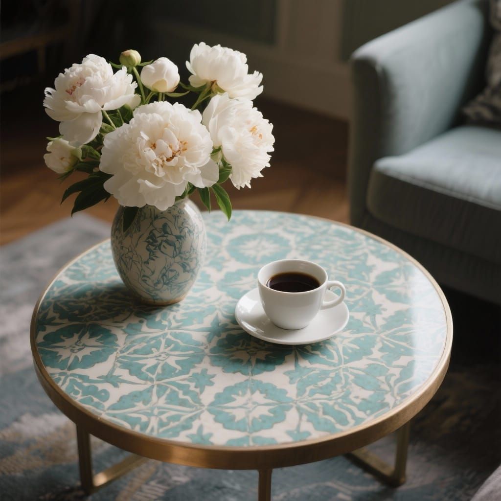 Coffee Cup & Peonies on Graphic Table
