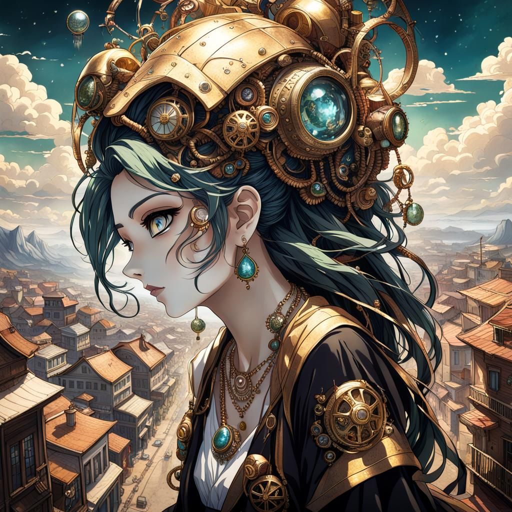 Steampunk Anime Goddess Overlooking Town