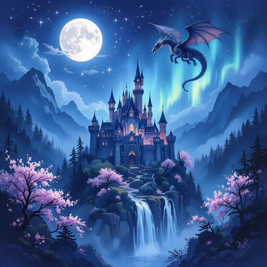 Fantasy Castle Landscape with Dragon and Northern Lights