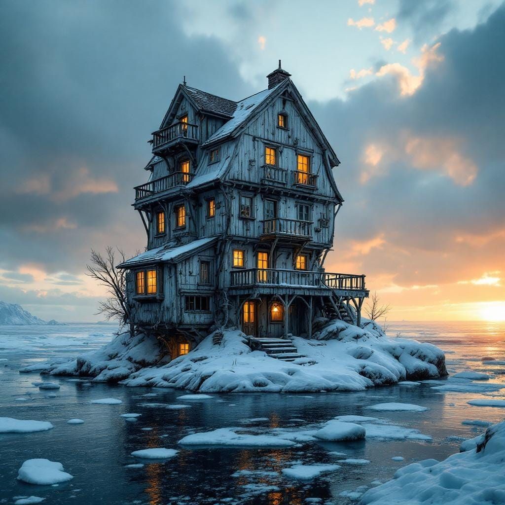 Icepunk Watermill House on Frozen Ocean in Photography Style
